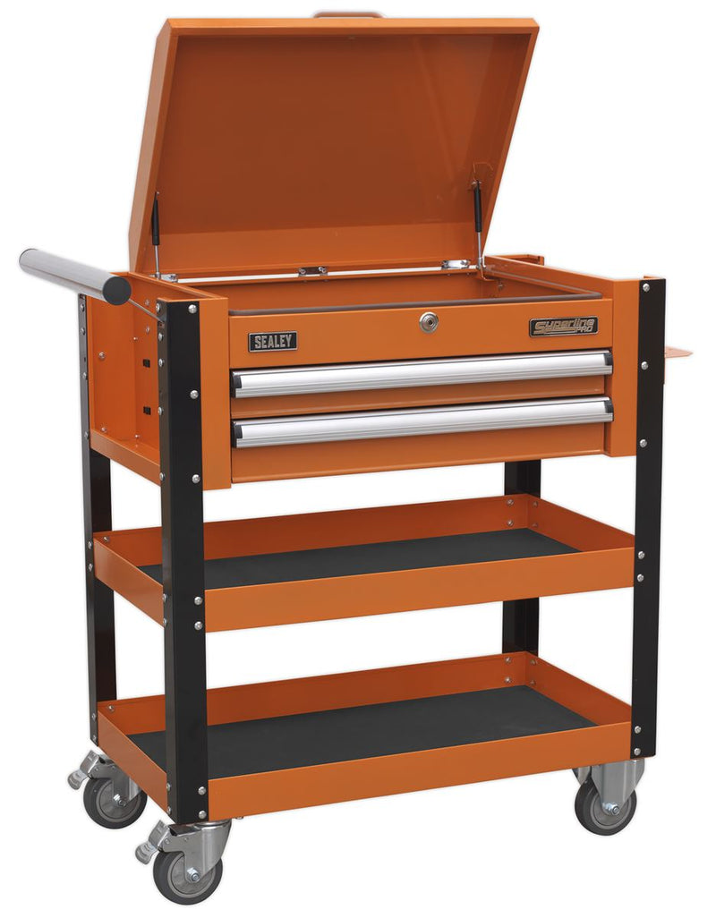 Heavy-Duty Mobile Tool & Parts Trolley 2 Drawers & Lockable Top - Orange