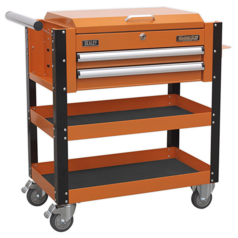 Heavy-Duty Mobile Tool & Parts Trolley 2 Drawers & Lockable Top - Orange