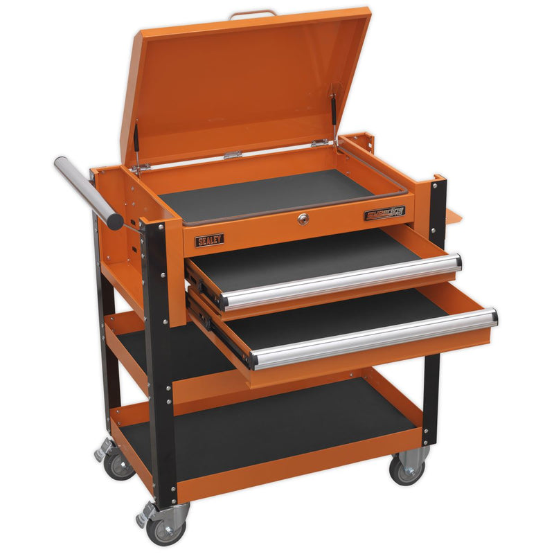 Heavy-Duty Mobile Tool & Parts Trolley 2 Drawers & Lockable Top - Orange