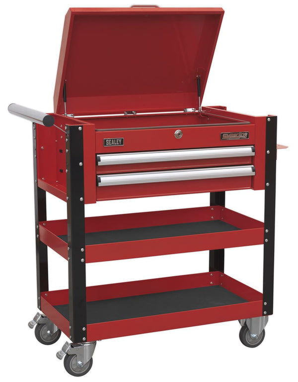 Heavy-Duty Mobile Tool & Parts Trolley 2 Drawers & Lockable Top - Red