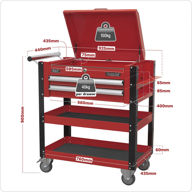 Heavy-Duty Mobile Tool & Parts Trolley 2 Drawers & Lockable Top - Red