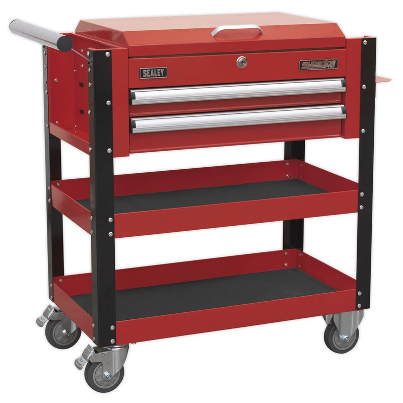 Heavy-Duty Mobile Tool & Parts Trolley 2 Drawers & Lockable Top - Red