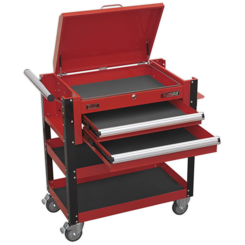 Heavy-Duty Mobile Tool & Parts Trolley 2 Drawers & Lockable Top - Red