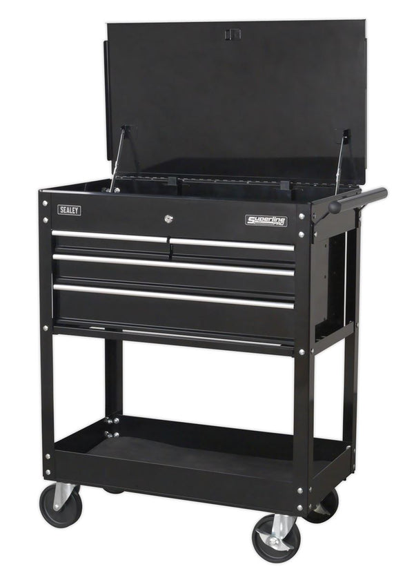 Heavy-Duty Mobile Tool & Parts Trolley with 4 Drawers & Lockable Top - Black