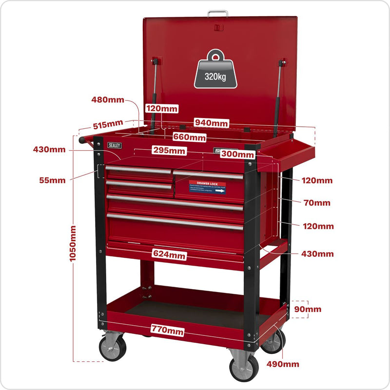 Heavy-Duty Mobile Tool & Parts Trolley with 5 Drawers & Lockable Top