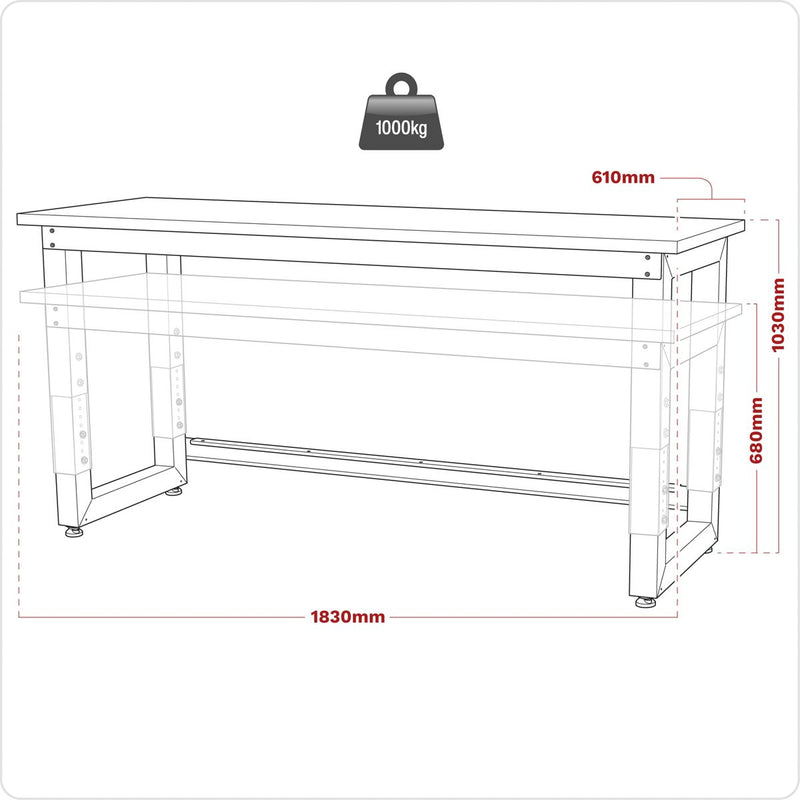 Steel Adjustable Workbench with Wooden Worktop 1830mm - Heavy-Duty