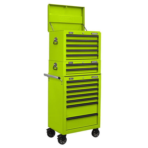 Sealey Superline PRO&reg; Topchest, Mid-Box Tool Chest & Rollcab Combination 14 Drawer - Green APSTACKTHV