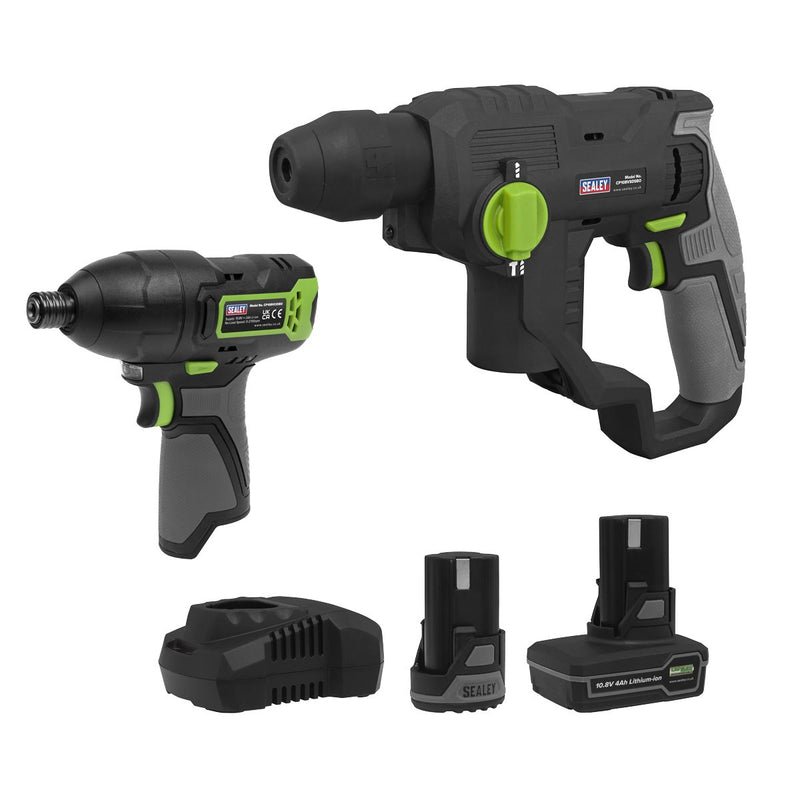 Sealey 2 x SV10.8 Series Cordless Rotary Hammer Drill & Impact Driver Kit 10.8V - 2 Batteries CP108VCOMBO4