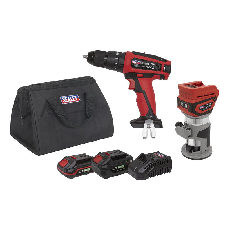 2 x 20V SV20 Series Cordless Router & Combi Drill Kit - 2 Batteries