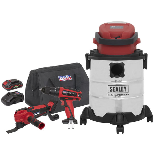 Sealey 3 x SV20 Series Tool Vac Combo Kit 20V 2Ah - 2 Batteries CP20VCOMBO5