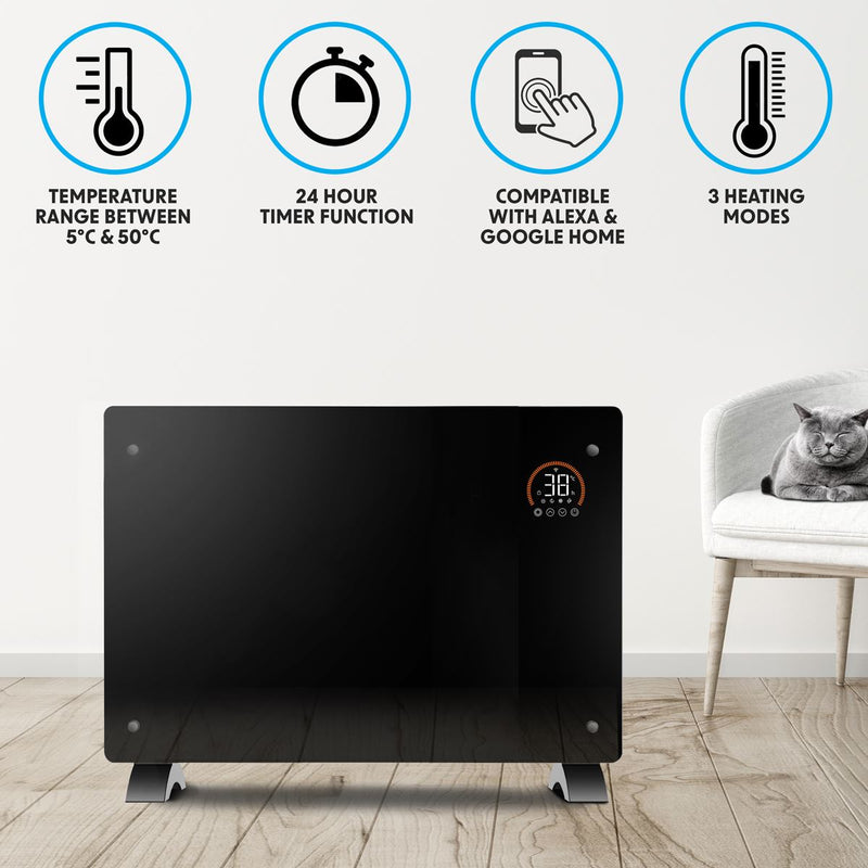 Sealey Baridi Electric Glass Panel Heater, 2000W, Thermostat Controlled Radiator with 24Hr 7 Day Timer, Wi-Fi Enabled, Remote Control, Black DH139