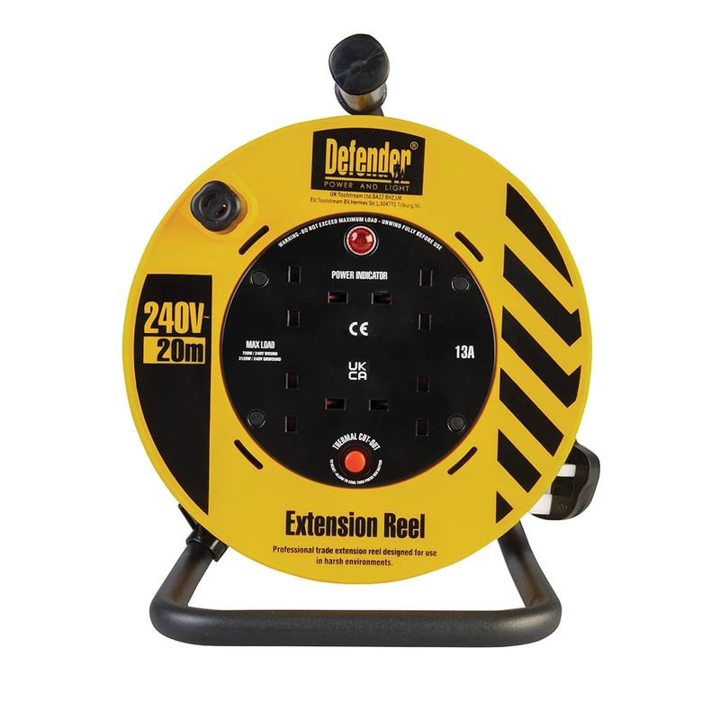 Defender Cable Reel 4 Way Extension Lead Industrial 20 Metre 230v 13A E86465