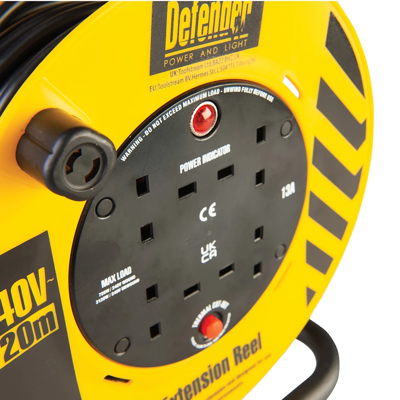 Defender Cable Reel 4 Way Extension Lead Industrial 20 Metre 230v 13A E86465