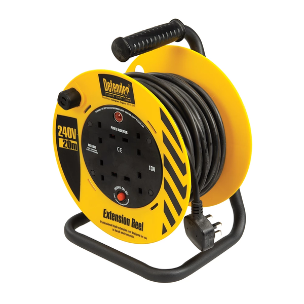 Defender Cable Reel 4 Way Extension Lead Industrial 20 Metre 230v 13A E86465