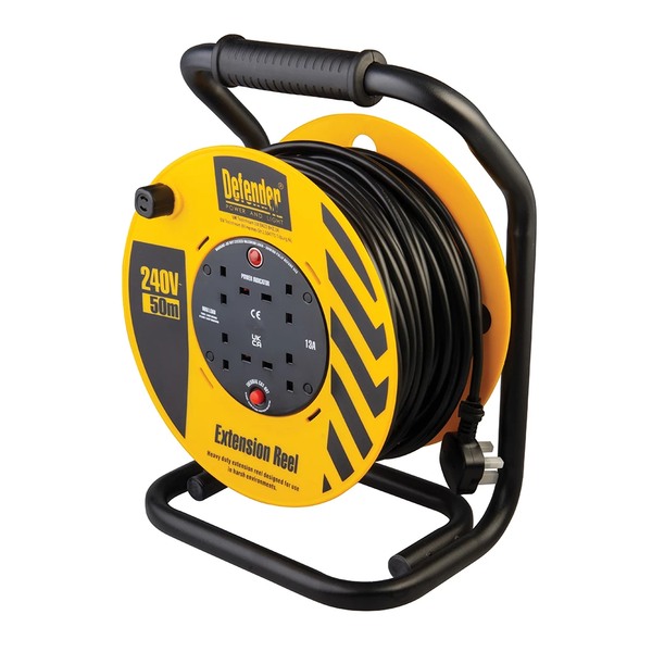 Defender Cable Reel 4 Way Extension Lead 50m Industrial 50 Metre 230v 13A E86515