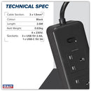 Sealey 2.6m Extension Lead with USB Ports - Black EL34USBB