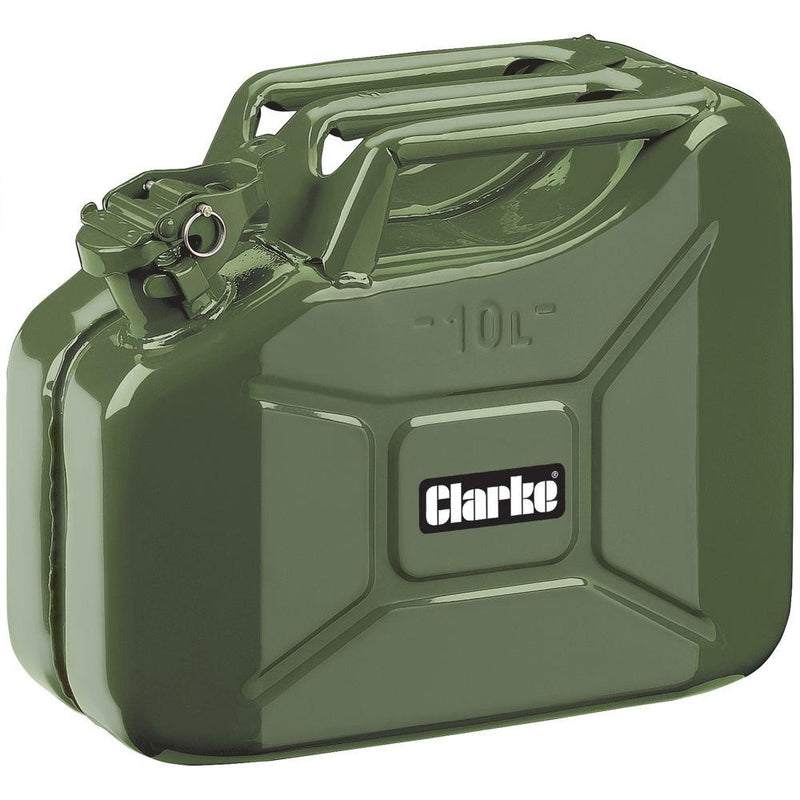 CLARKE FUEL JERRY CAN GREEN 10 LITRE METAL PETROL DIESEL 10L CONTAINER JC10LG