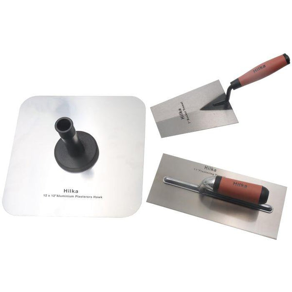 HILKA PLASTERING TROWEL SET 3PC SOFT GRIP BUCKET FINISHING HAWK TROWEL 66420330
