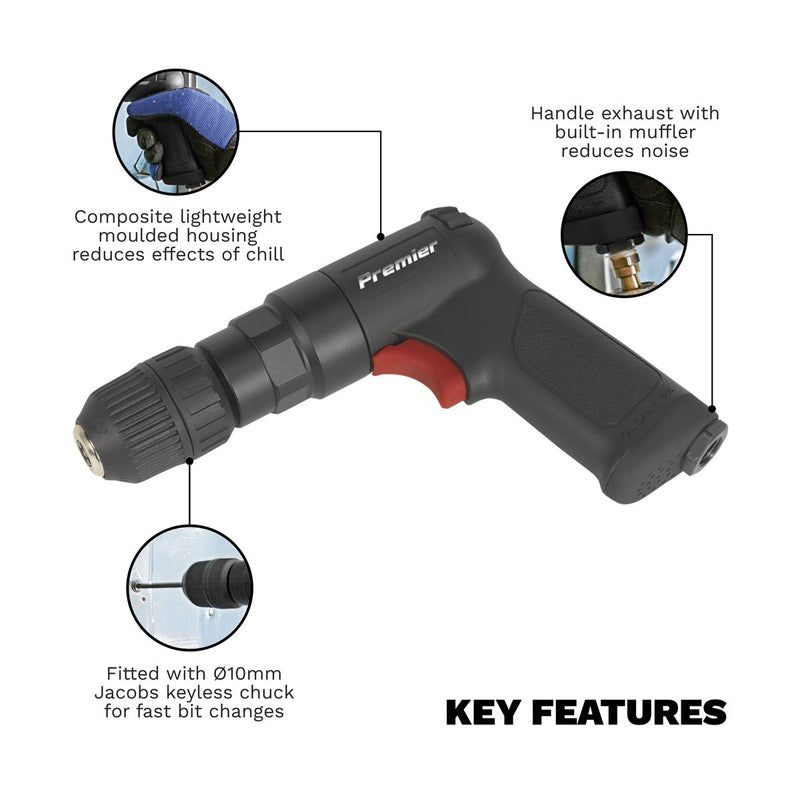 Air Pistol Drill �10mm with Keyless Chuck Composite Reversible - Premier