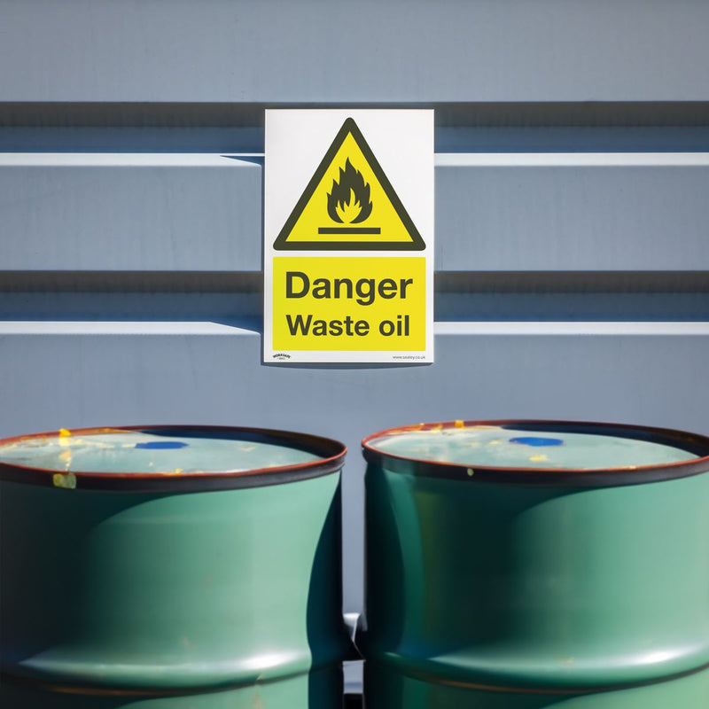 Warning Safety Sign - Danger Waste Oil - Self-Adhesive Vinyl - Pack of 10