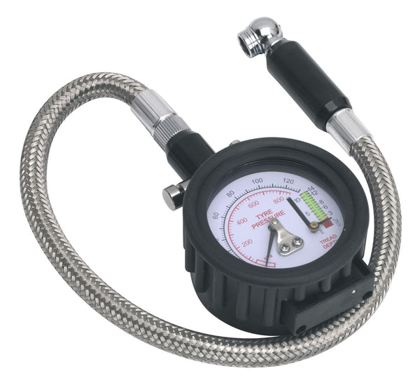 Tyre Pressure Gauge & Tyre Tread Depth Gauge - Flexible Hose 0-8bar(0-120psi)