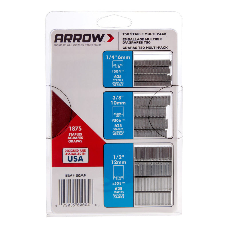 Arrow Staples for Staple Gun T50MP Staple Multi Pack 1875 Assorted Staples T50MP