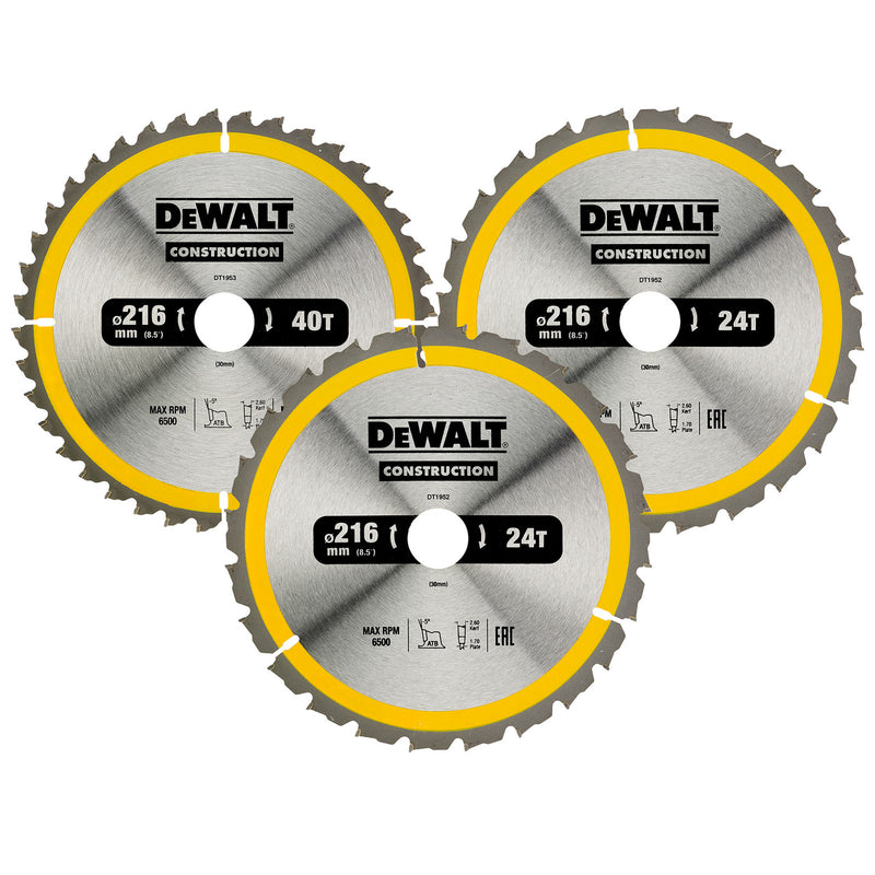 Dewalt Construction Circular Saw Blade 3PC SET 216 x 30mm x 24T & 40T DT1962