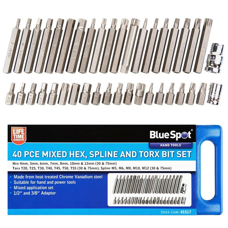 Bluespot Hex Torx & Mixed Spline Bit Set 40pc 1/2" 3/8" In Case T20-T55 01517