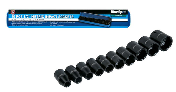 BLUESPOT Deep Impact Sockets 10pc 1/2" Metric 9mm - 27mm Shallow 01537