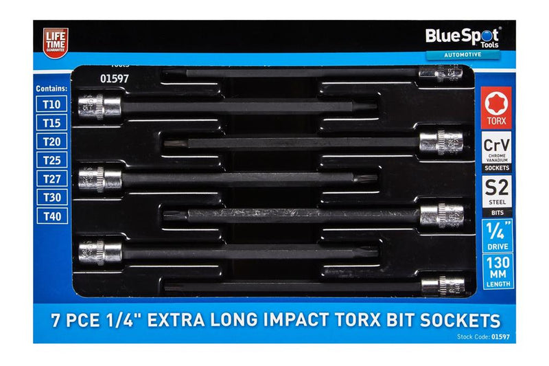 Bluespot Impact Torx Extra Long 7pc 1/4" Star Bit Socket Set T10 - T40 01597