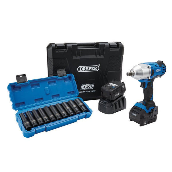 Draper D20 20V Brushless Mid-Torque Impact Wrench Kit, 1/2" Sq. Dr. & Metric Deep Impact Socket Set (10 Piece) 04791