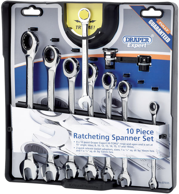 Draper 07035 Expert 10 piece Draper Expert Hi-Torq&#174; Metric Ratcheting Combination Spanner Set