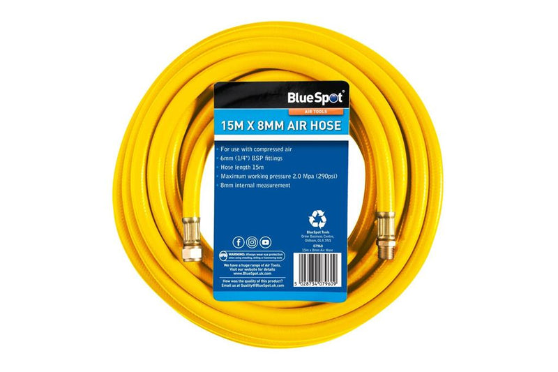 BLUESPOT Air Hose 8MM x 15M 50ft Air Line Rubber Hose Compressor 1/4" BSP 07960