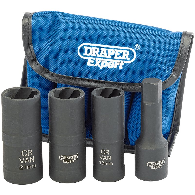 Draper Wheel Nut Double Impact Socket Kit, 1/2" Sq. Dr. (4 Piece) 09539