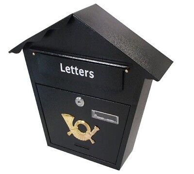 LETTER MAIL BOX LARGE STEEL BLACK POST LOCKABLE KEYS OUTDOOR WALL MOUNTED CT2606