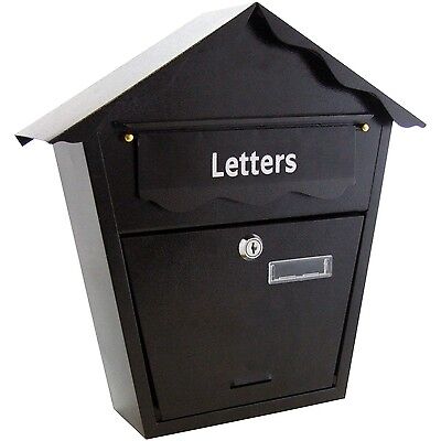 BLACK POST BOX LETTER MAIL LARGE STEEL LOCKABLE KEYS OUTDOOR WALL MOUNTED S5550