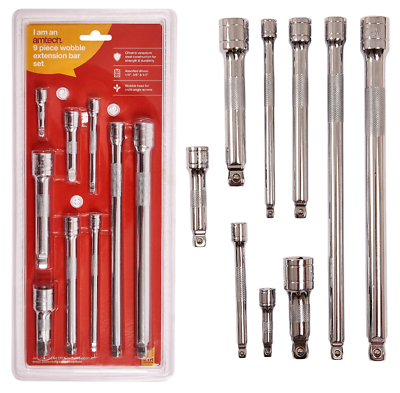 WOBBLE EXTENSION BAR SOCKET SET 9PC 1/4" 3/8" 1/2" RATCHET BAR SET SIZES I4257