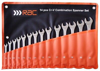 RAC 14PC METRIC COMBINATION OPEN RING CHROME SPANNER WRENCH SET IN CASE 8-22MM