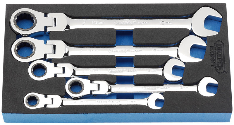 Draper 20805 Metric Flexible Head Ratcheting Spanner Set in EVA Foam Insert Tray (5 Piece)