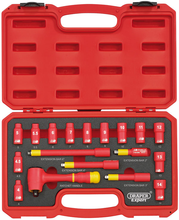 Draper VDE Approved Fully Insulated Metric Socket Set, 1/4" Sq. Dr. (18 Piece) 31037