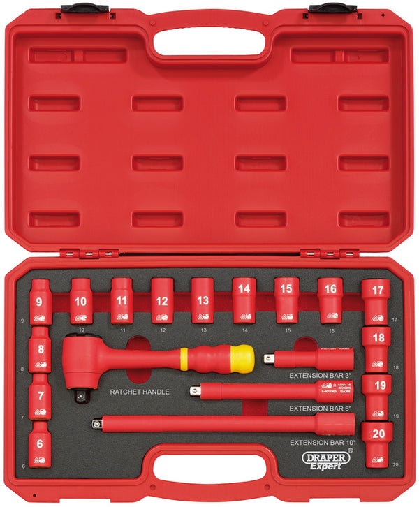 Draper VDE Approved Fully Insulated Socket Set, 3/8" Sq. Dr. (19 Piece) 31057