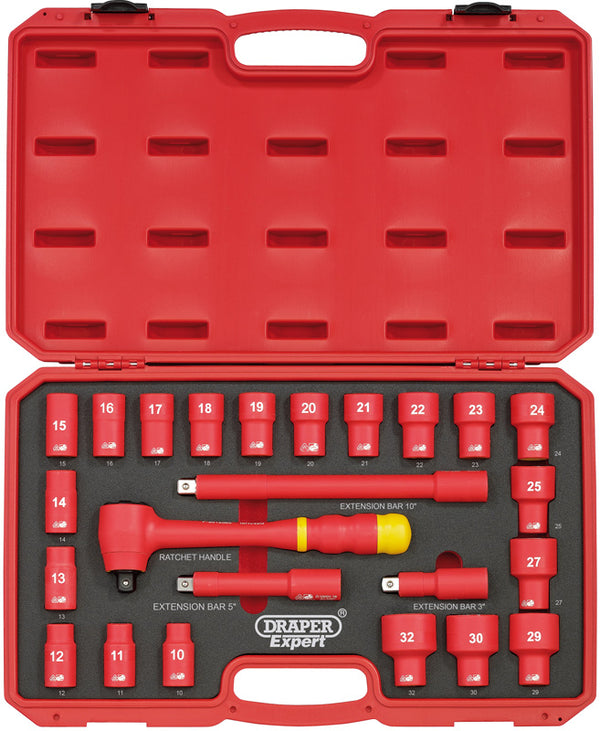 Draper VDE Approved Fully Insulated Metric Socket Set, 1/2" Sq. Dr. (24 Piece) 31070