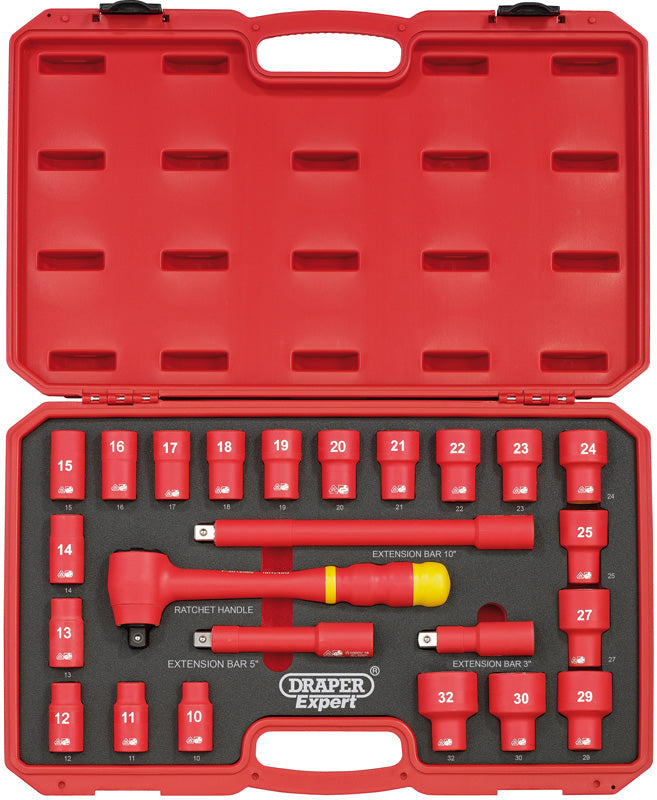 Draper VDE Approved Fully Insulated Metric Socket Set, 1/2" Sq. Dr. (24 Piece) 31070