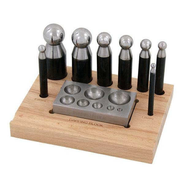 9PC Steel DAPPING Punch & Block Set with Wooden Stand for Craft Metal Shaping