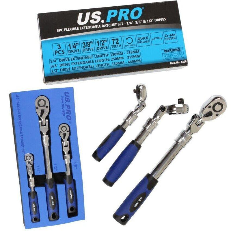 US PRO RATCHET SET 3PC REVERSIBLE FLEXIBLE HEAD TELESCOPIC 1/4" 1/2" 3/8" 4206