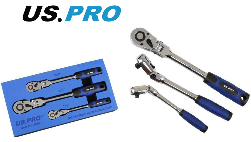 US PRO RATCHET SET 3PC REVERSIBLE FLEXIBLE HEAD 1/4" 1/2" 3/8" 4209