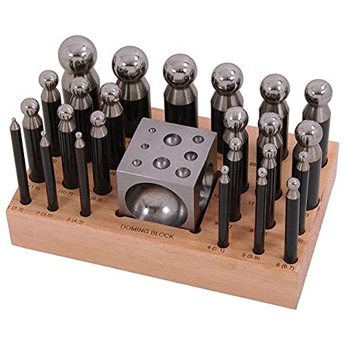 25PC Steel DAPPING Punch & Block Set with Wooden Stand for Craft Metal Shaping