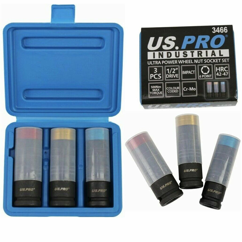 US PRO Alloy Wheel Nut Deep Impact Socket Set 1/2" Drive Remover 500NM 3466