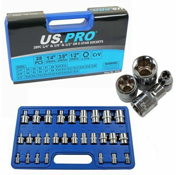 US PRO E-Torx Socket Set  28pc 1/4" 3/8" 1/2" Star Sockets E4-E24 3254