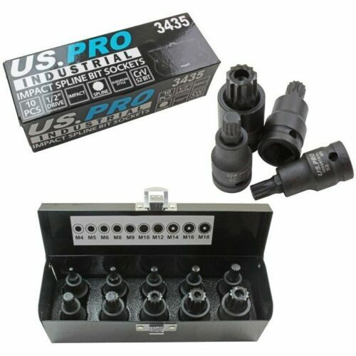 US PRO Impact Spline Bit Sockets Set 10pc 1/2" Drive In Case M4 - M18 3435